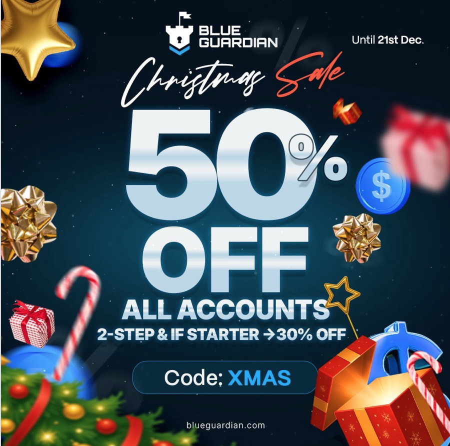 Blue Guardian has rolled out a Christmas offer, offering 50% off all trading accounts, excluding its 2-step and IFstarter options.