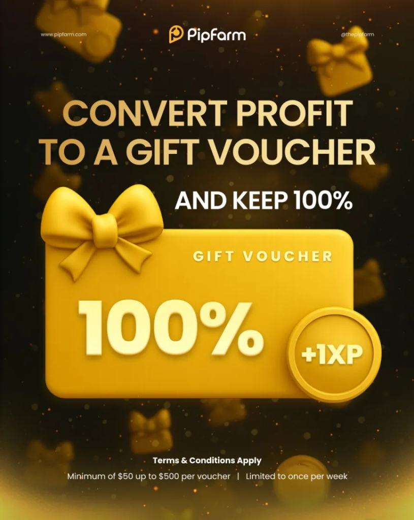PipFarm has introduced a new feature that allows traders to convert their trading profits into gift vouchers with a 100% profit share.