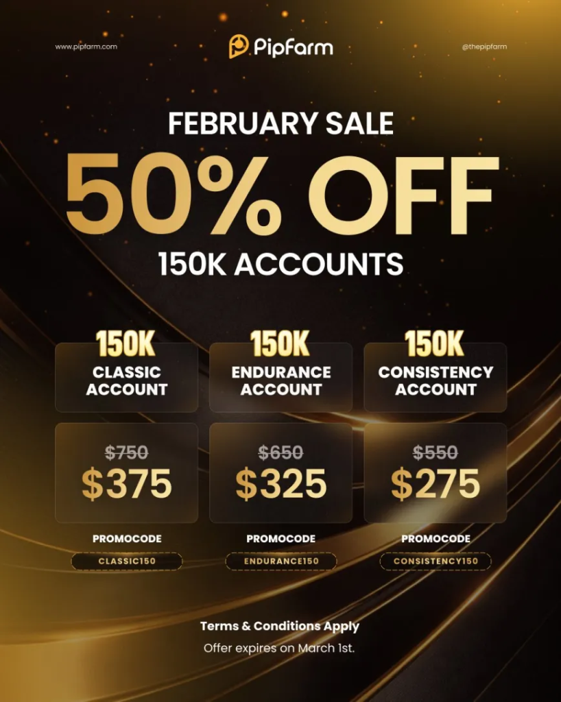 PipFarm has announced a limited-time February offer providing traders with a 50% discount on its $150,000 funded account programs.