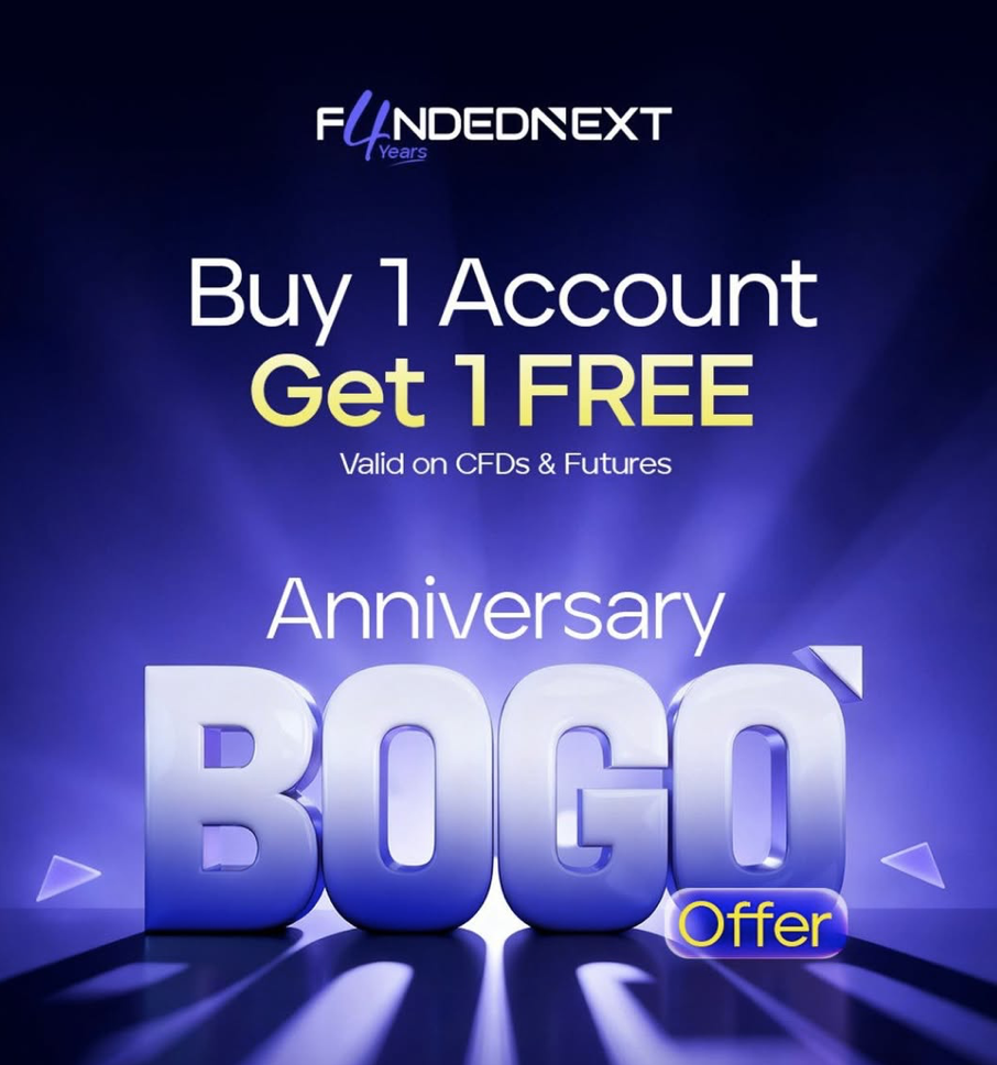 FundedNext has introduced a limited-time Buy One, Get One (BOGO) anniversary offer that gives traders an additional account for free.