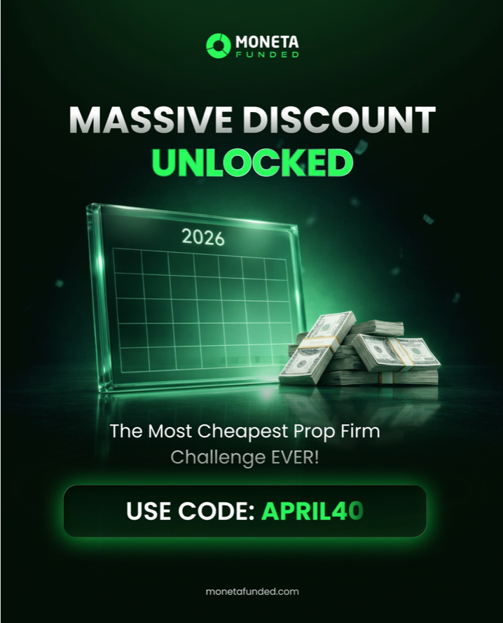 Moneta Funded has rolled out a new April offer, putting a 40% discount on its trading challenges through the code APRIL40.