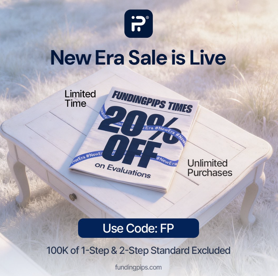 FundingPips has officially activated its “New Era” sale, offering traders a 20% discount on evaluation accounts through the promo code “FP.”