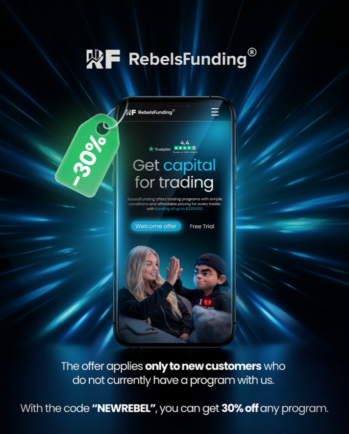 RebelsFunding welcome offer gives new traders 30% off funding programs with code NEWREBEL and lower evaluation costs.