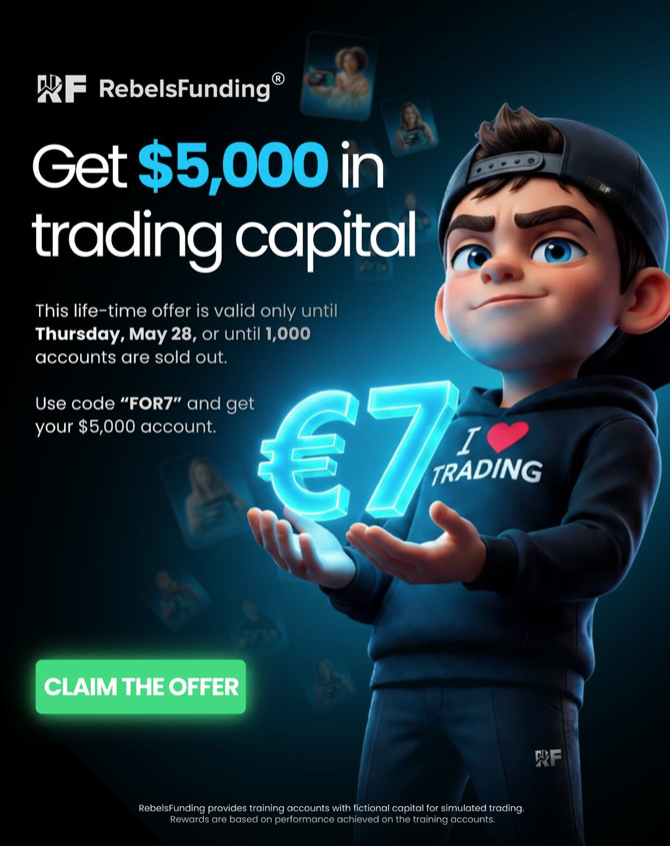 RebelsFunding €7 $5K account offer ends today, giving traders low-cost access to a funded challenge using code FOR7.