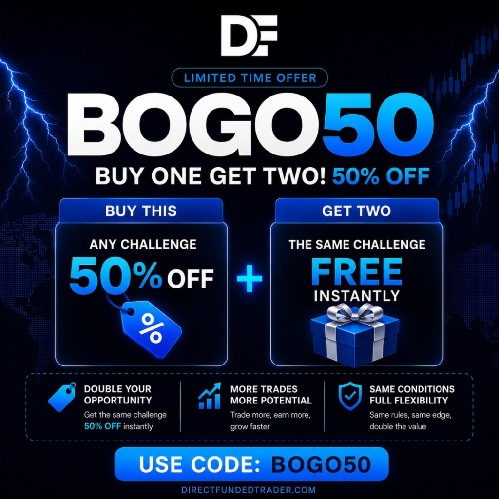 Direct Funded Trader BOGO Offer gives traders two challenge accounts for the price of one, with 50% savings.