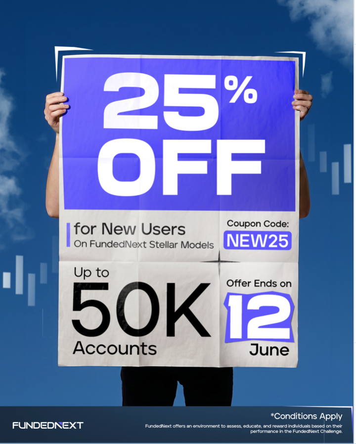 Claim the FundedNext New discount for eligible Stellar accounts up to $50K before June 12 and reduce challenge entry costs.