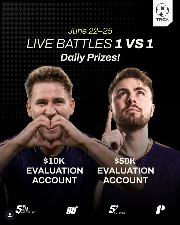 The5%ers 1vs1 Trader Battles run June 22–25 with daily prizes and live matchups on YouTube for aspiring prop traders.