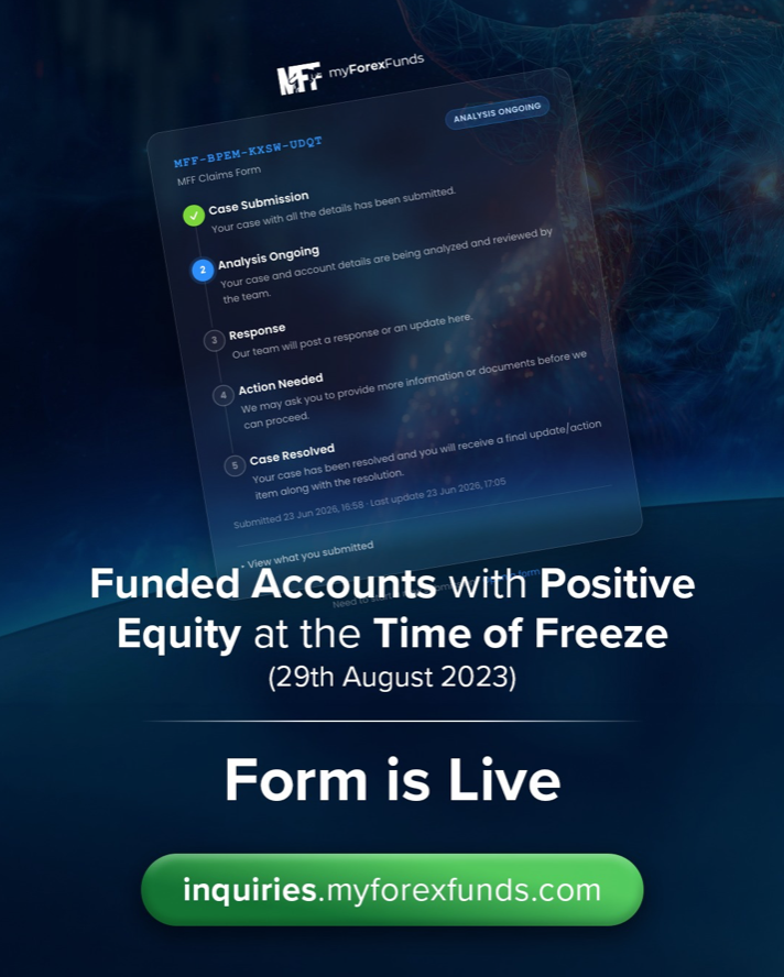 MyForexFunds opens its positive equity claims form for funded traders as the firm moves into the final stage of its process.