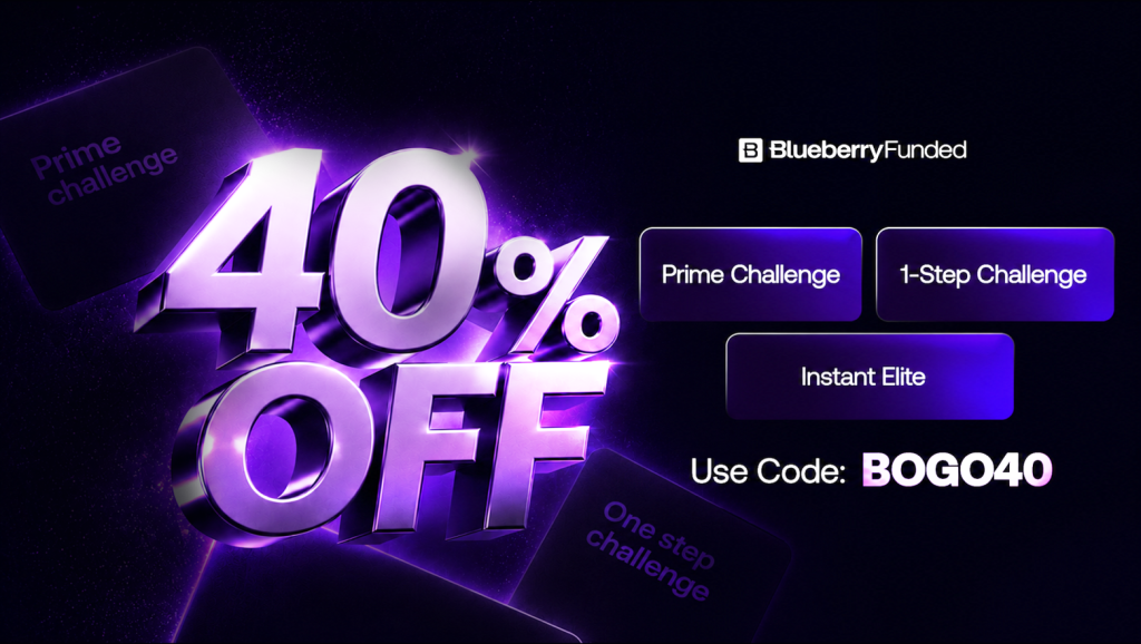 Blueberry Funded free challenge offer offers 40% discount eligible accounts plus a matching free 3-Step Challenge until June 30.