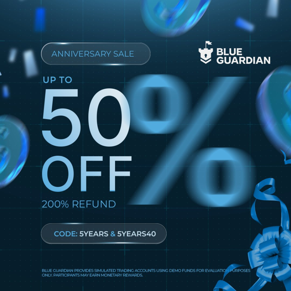Blue Guardian Anniversary Sale brings up to 50% off challenges, 200% refunds, and instant payouts on funded accounts.