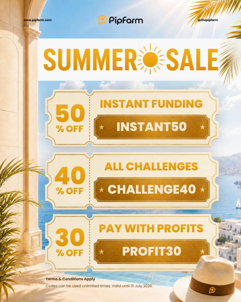 PipFarm Summer Sale offers 50% off instant funding and discounts on challenges through July 31 for prop traders.
