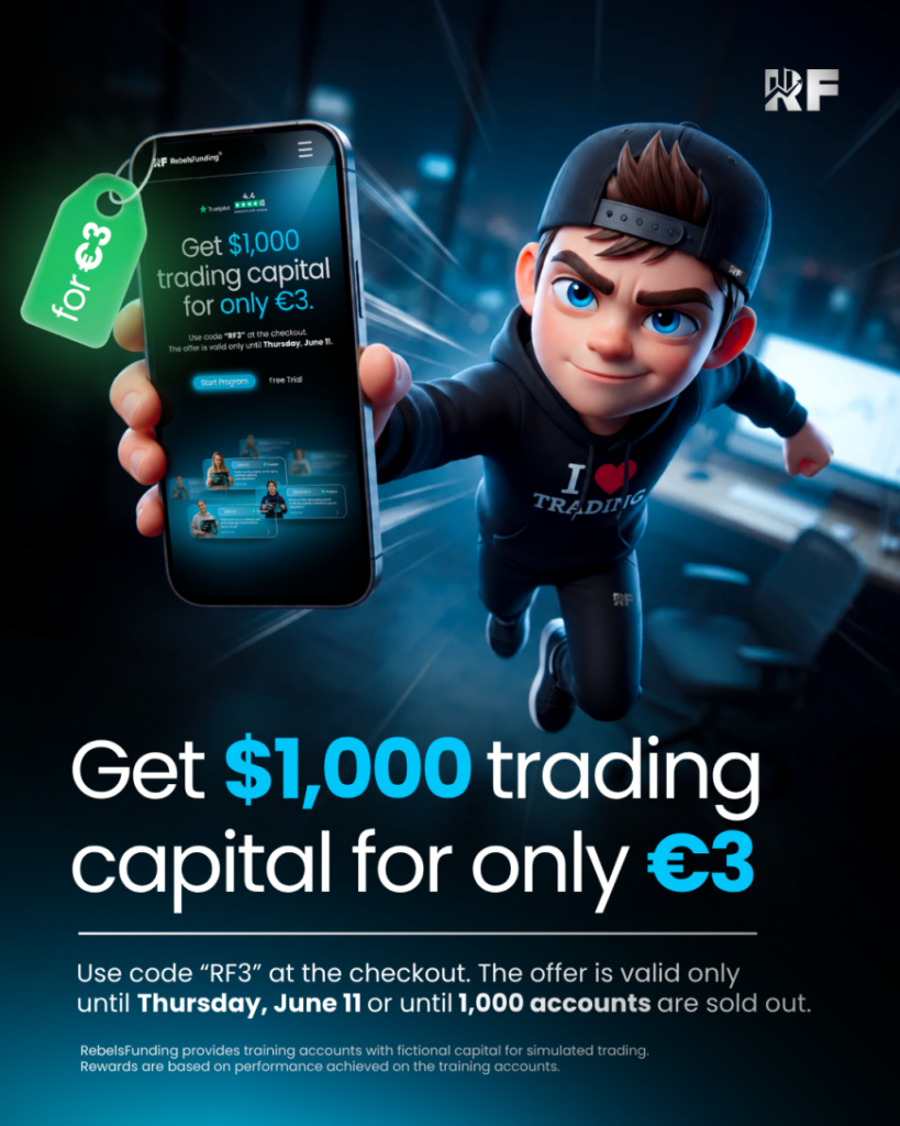 RebelsFunding €3 challenge offer lets traders access a $1,000 funded program for €3 until June 11 or 1,000 accounts sell out.