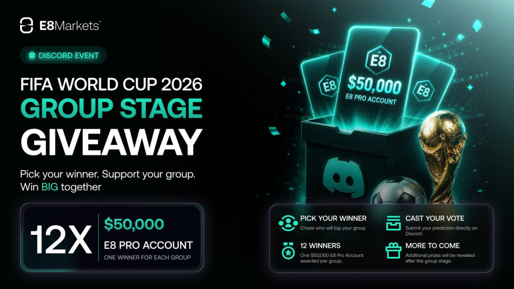 Join the E8 Markets FIFA World Cup 2026 Giveaway for a chance to win a $50,000 Pro account by predicting group winners on Discord.
