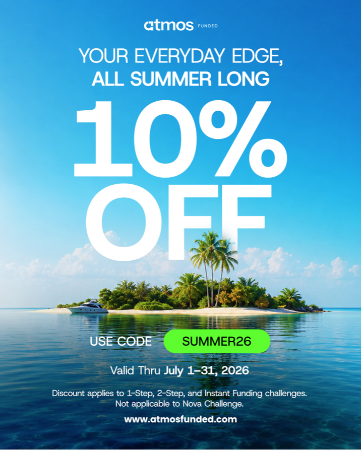 Save with the Atmos Funded Summer Discount. Get 10% off eligible funding challenges using code SUMMER26 through July 31, 2026.