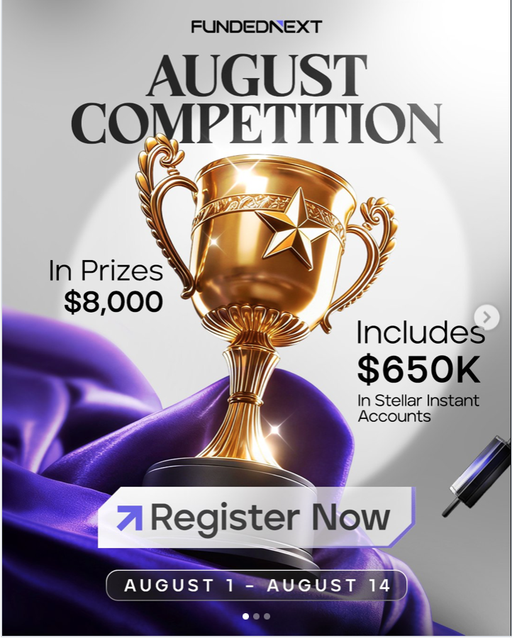 FundedNext August Competition now runs for 14 days, featuring $8,000 cash prizes and $650K in Stellar Instant accounts.
