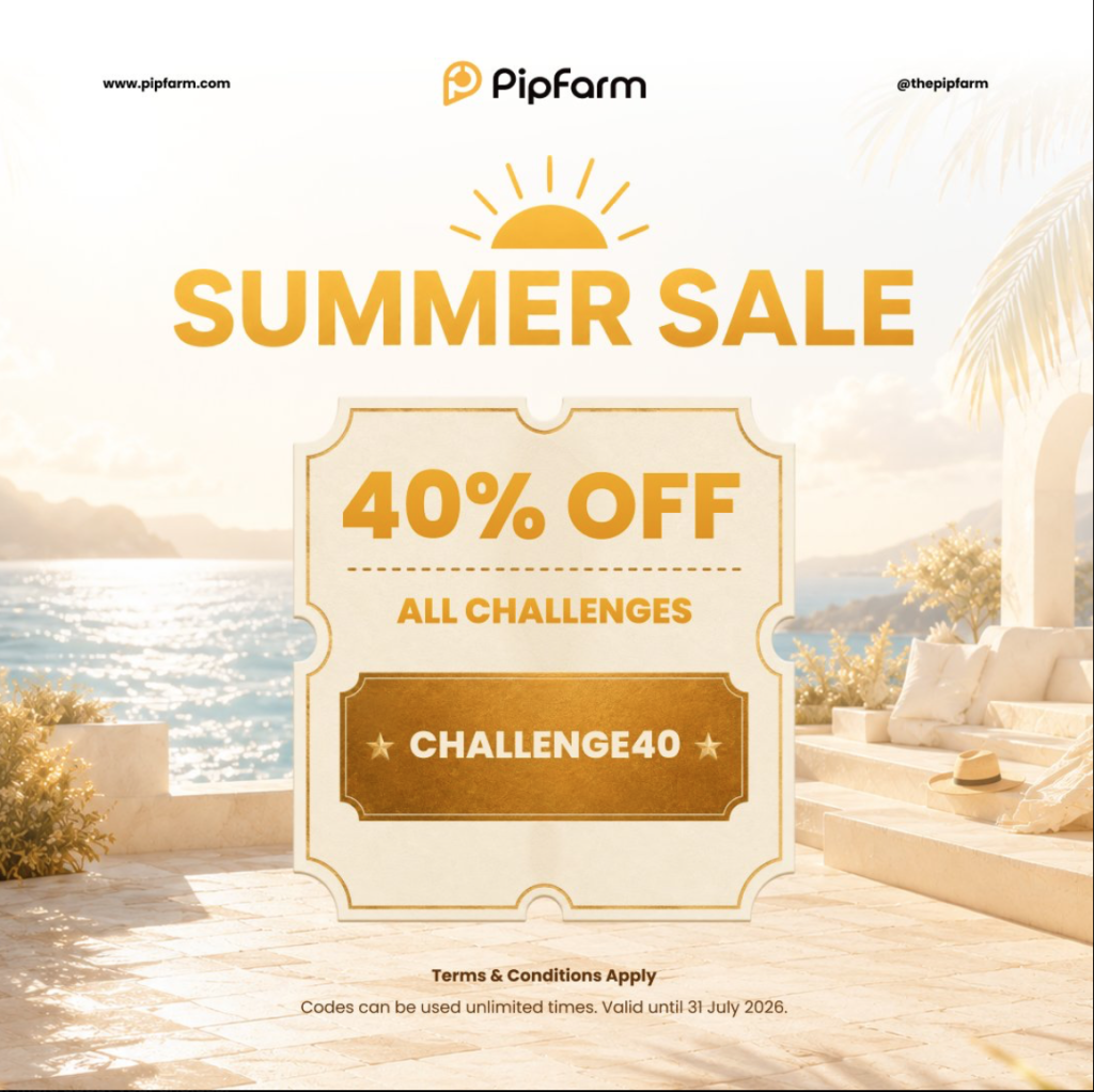 PipFarm Summer Sale offers 40% off all Challenge accounts throughout July with code CHALLENGE40 for lower-cost evaluations.