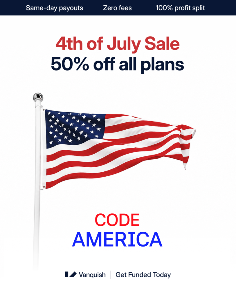 VanquishTrader 50% Off Flash Promo gives traders half-price access to all plans until July 8 using code AMERICA.