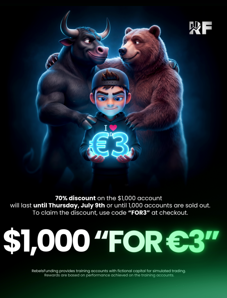 Grab the RebelsFunding €3 account deal before July 9. Save 70% on a $1,000 training account using code FOR3.
