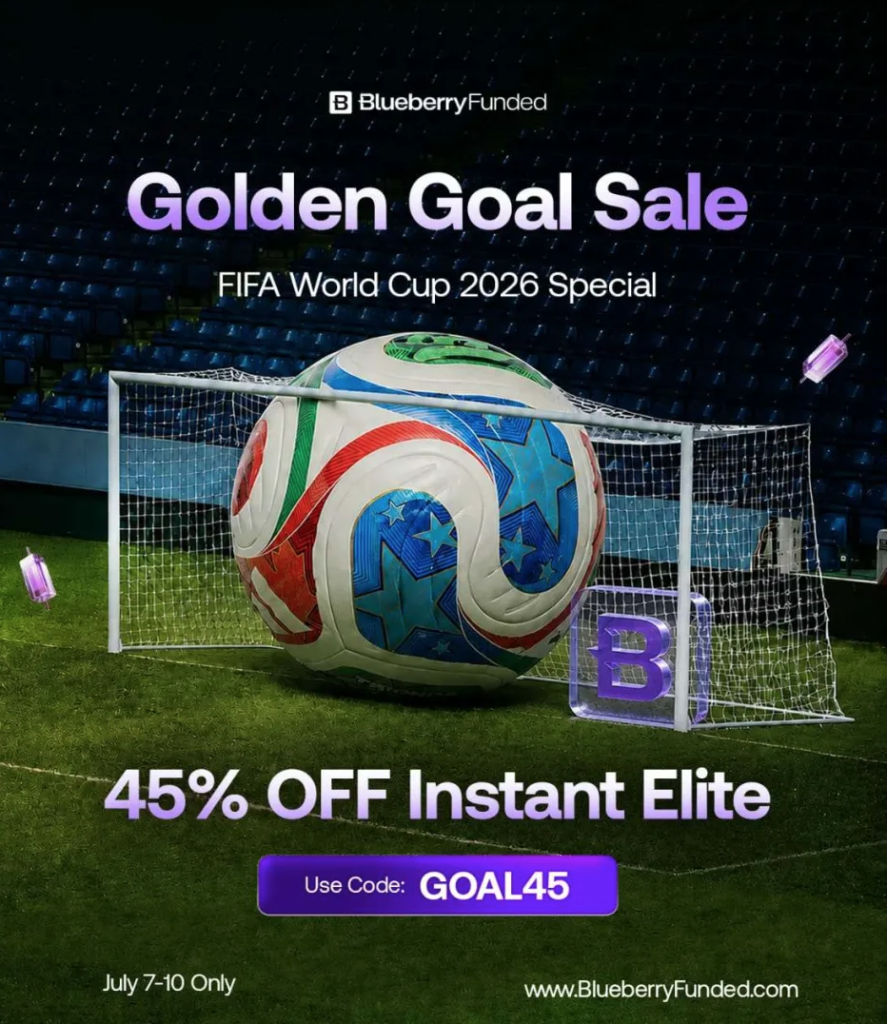Blueberry Funded Golden Goal Sale offers 45% off Instant Elite accounts with code GOAL45 until July 10, 2026.