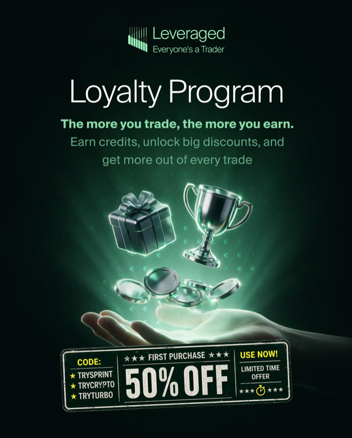 Discover the Leveraged Loyalty Program, offering trading credits, future discounts, and 50% off first purchases for new traders.