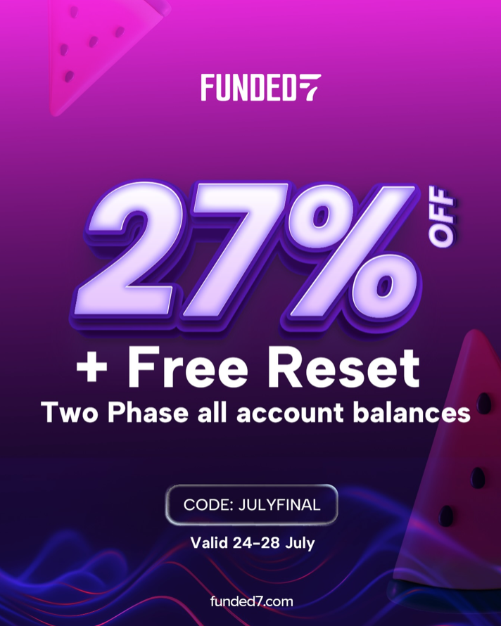 Funded7 July discount offers 27% OFF and a free reset on $100K Two Phase accounts until July 28. Learn what it means.