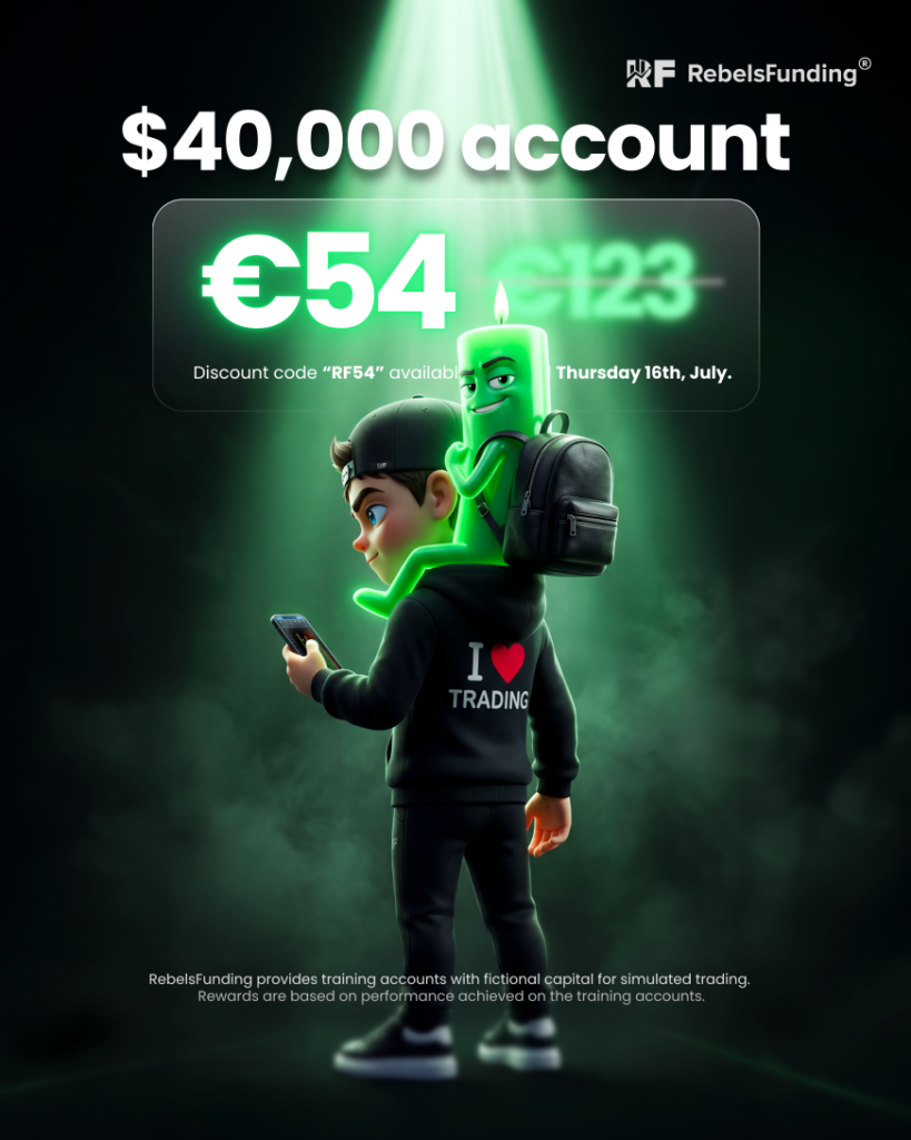 RebelsFunding €54 $40K account discount cuts the evaluation price from €123 to €54 for a limited time using code RF54.