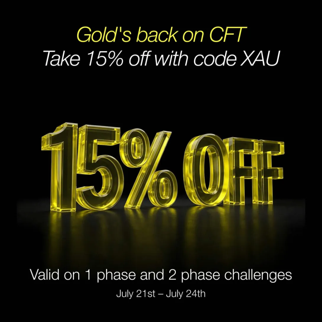 Claim the Crypto Fund Trader Gold discount with 15% off 1-Phase and 2-Phase challenges using code XAU before July 24.