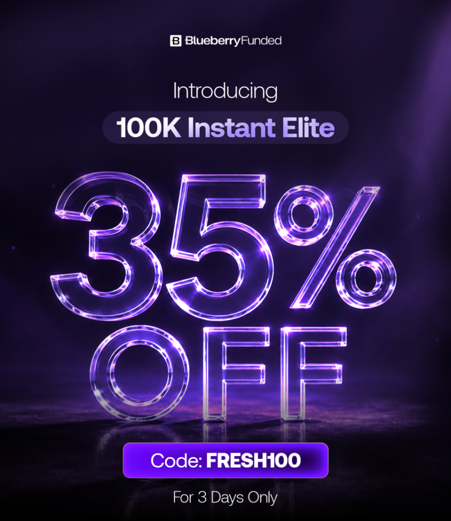 Blueberry Funded launches a new $100K Instant Elite Account and celebrates with a 35% discount for three days using code FRESH100.