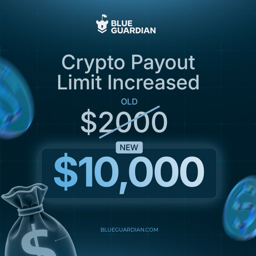 Blue Guardian crypto payout limit rises to $10,000 per request, expanding withdrawal flexibility for funded traders.