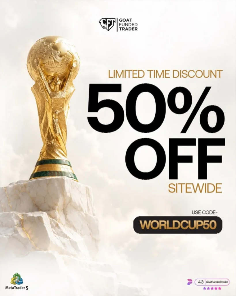 Claim the Goat Funded Trader World Cup Discount with 50% off all challenge and instant funding plans using WORLDCUP50.