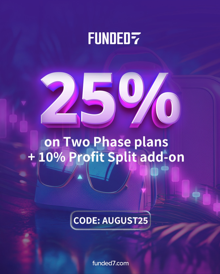 Funded7 August discount offers 25% off Two Phase Plans plus a 10% profit split add-on using code AUGUST25 for August.
