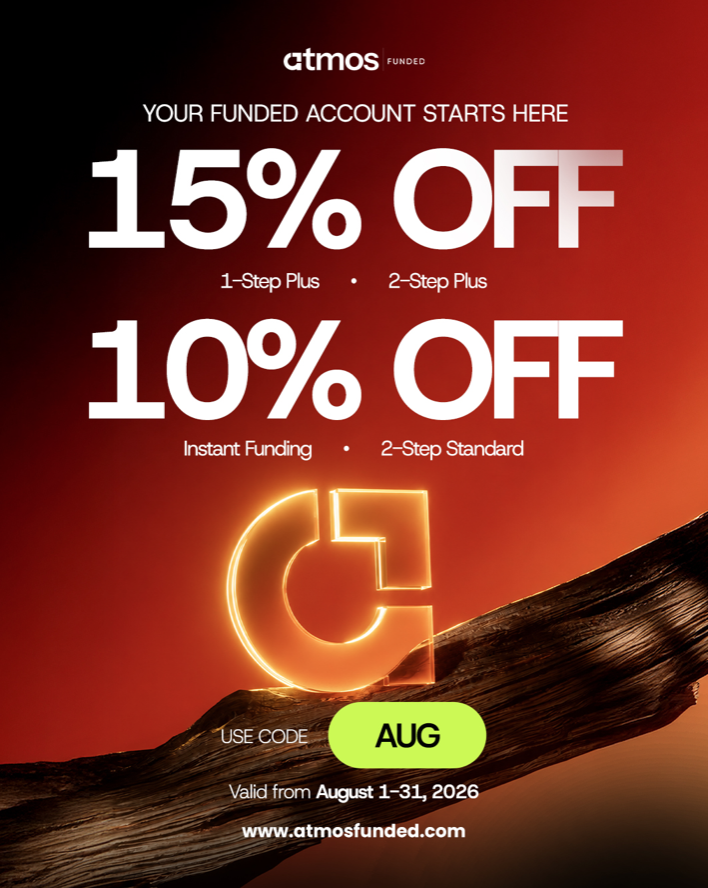 Save with the Atmos Funded August discount using code AUG. Get up to 15% off funded challenges through August 31.
