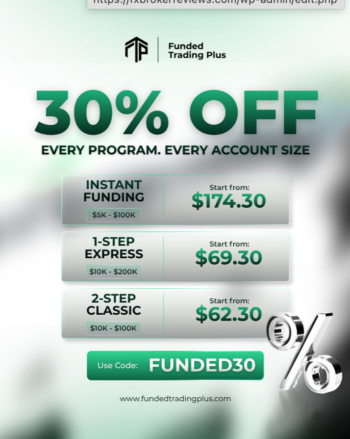 Funded Trading Plus offers 30% off Instant Funding, 1-Step Express and 2-Step Classic with code FUNDED30.