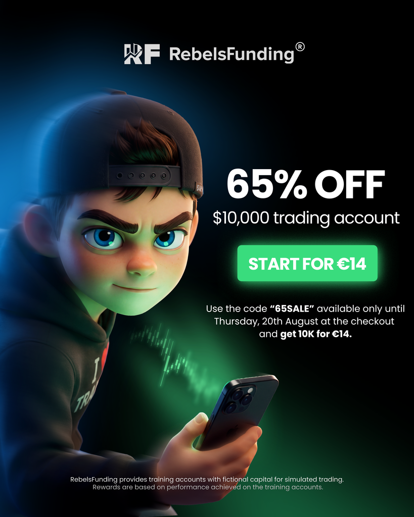 RebelsFunding offers 65% off a $10,000 account for €14 with code 65SALE until August 20. See key trader considerations.