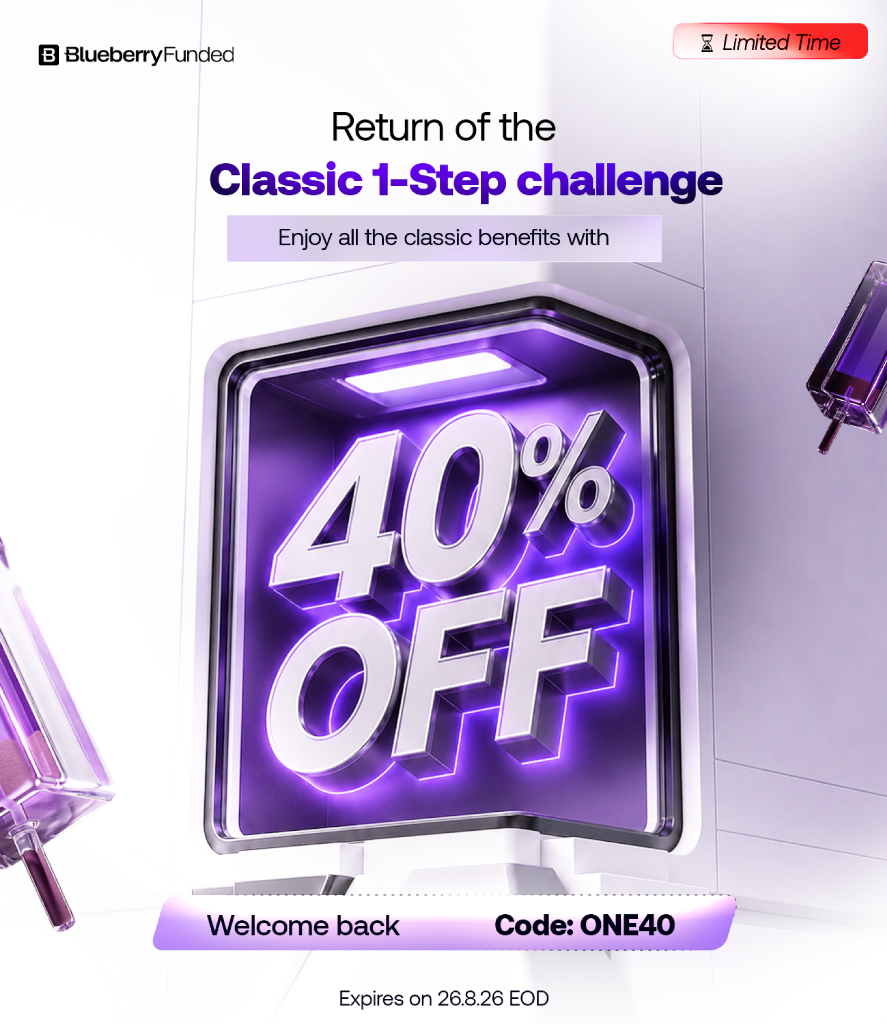 Blueberry Funded brings back its Classic 1-Step Challenge with 40% off using ONE40 until August 26.