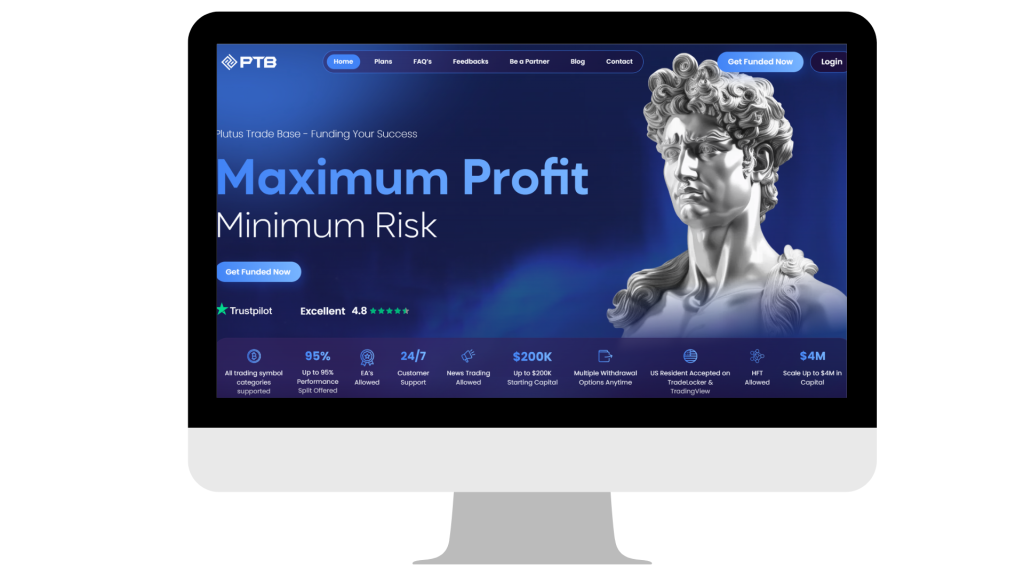 Plutus Trade Base 50% off cuts challenge costs with flexible funding options, profit splits up to 95%, and multiple account models.
