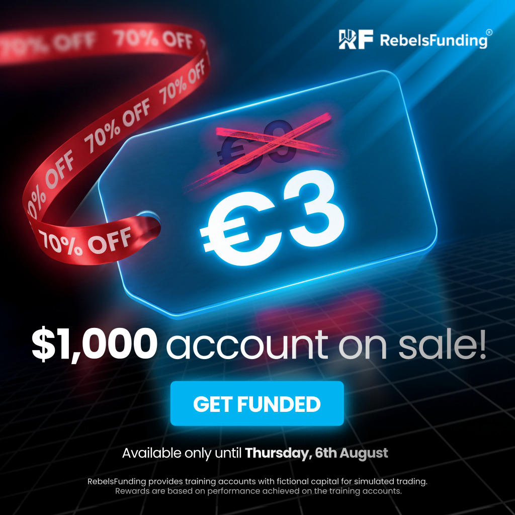 RebelsFunding 70% off lets traders access a $1,000 challenge for €3 with code SAVE70 until August 6.