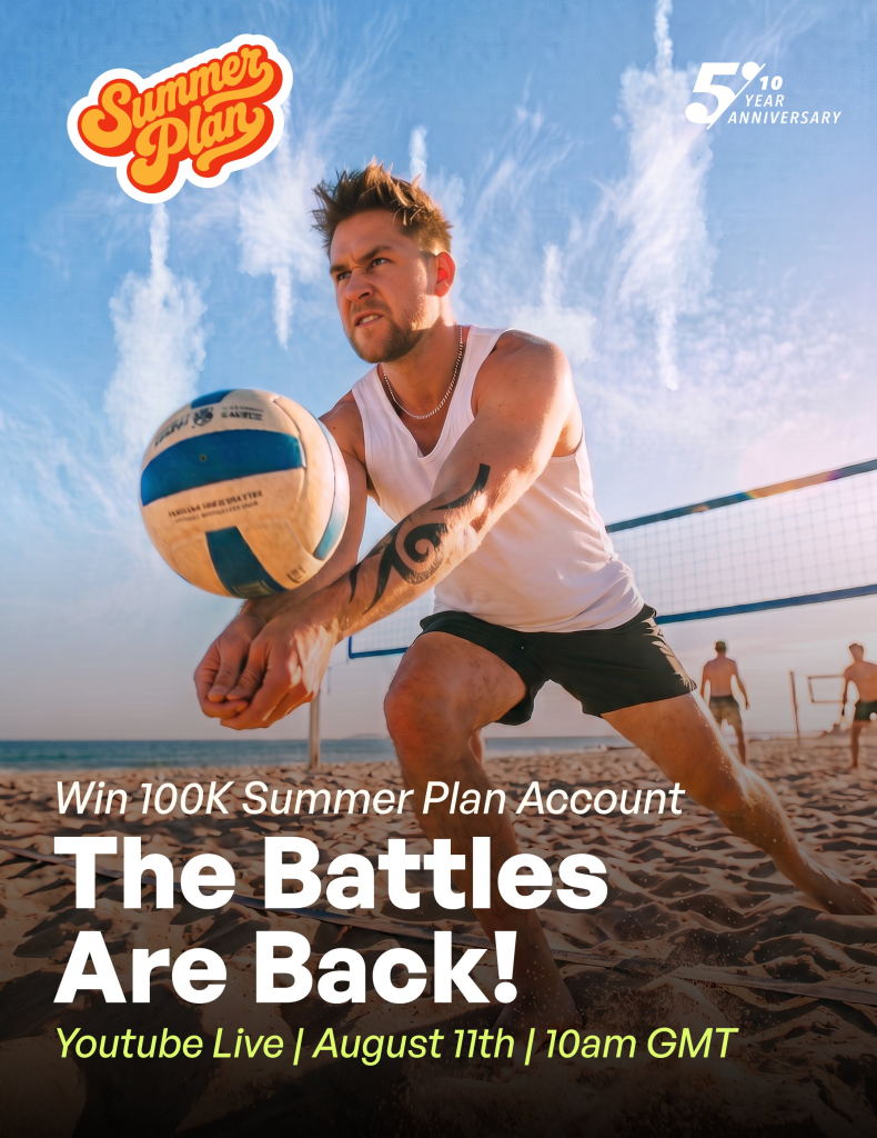 The5%ers Live Battles return on August 11, giving traders a chance to win a free $100K Summer Plan Evaluation Account.
