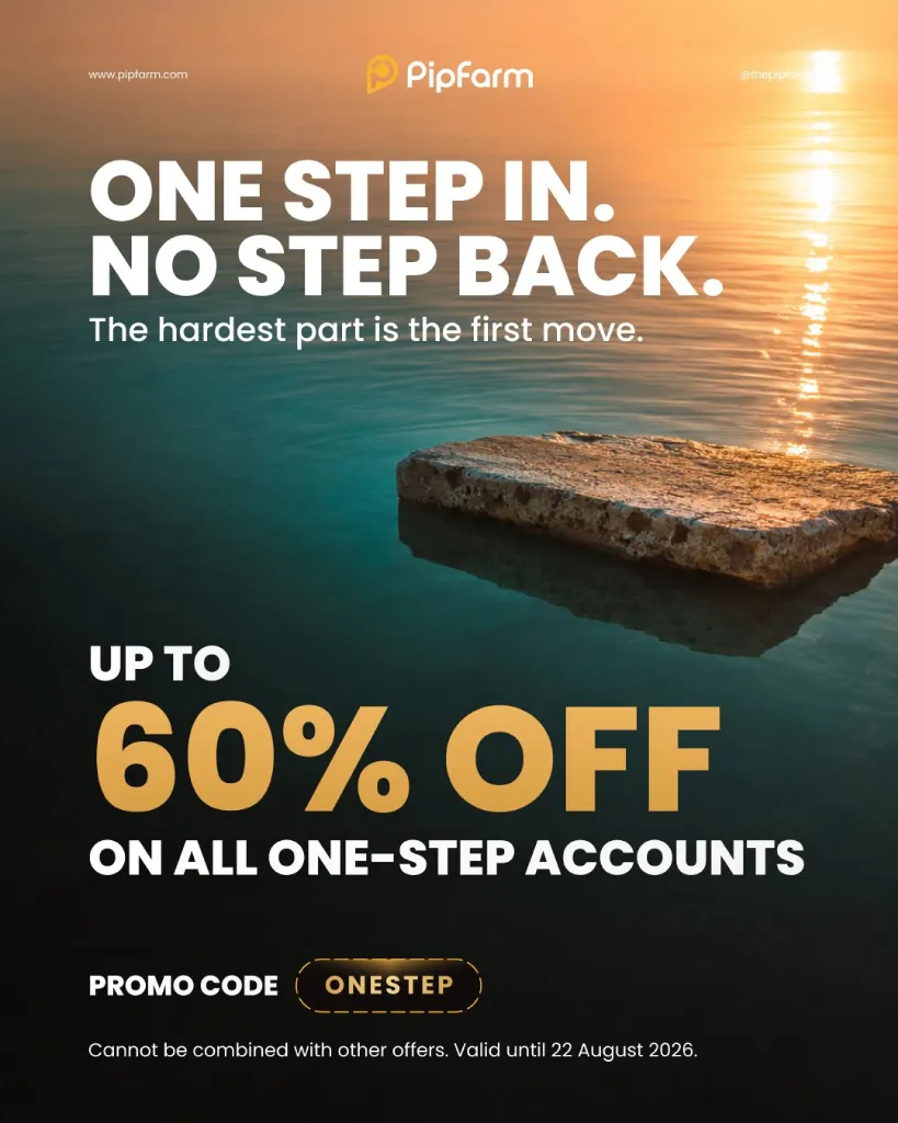 PipFarm One-Stage Challenge discount prices by 60% with code ONESTEP through August 22, giving traders a lower-cost route to funding.