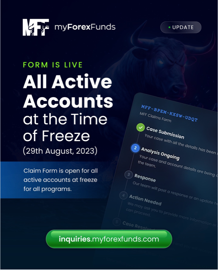 MyForexFunds opens a one-month claims process for traders with active accounts frozen in 2023, with updates expected within 3–4 weeks.
