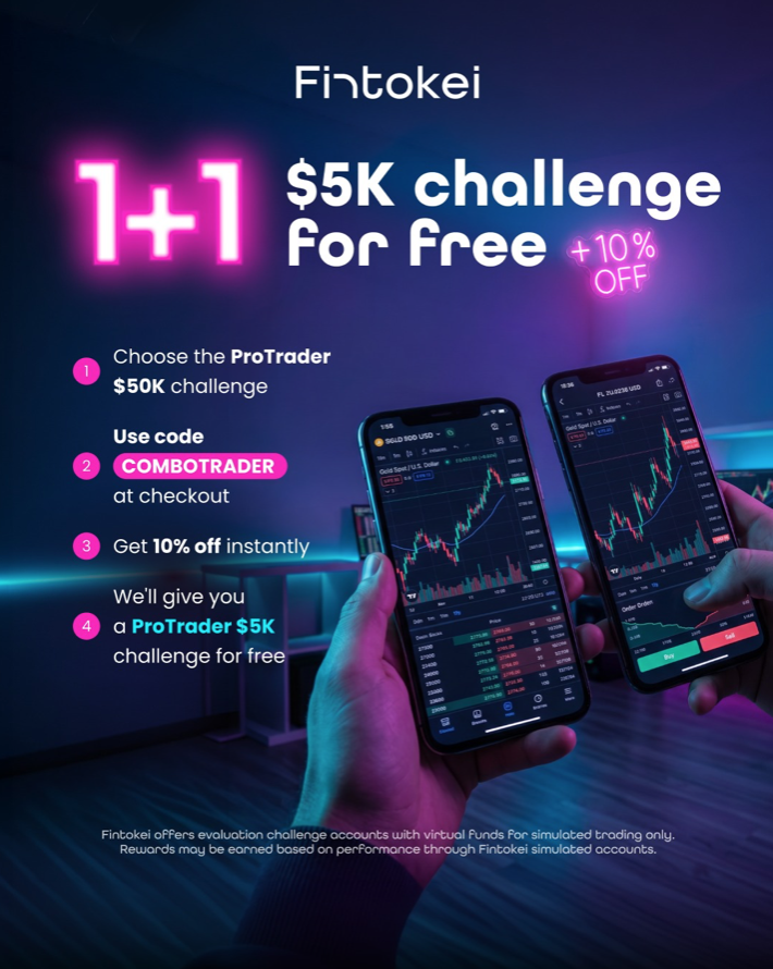 Fintokei launches a BOGO deal on its $50K ProTrader Challenge, adding a free $5K challenge plus 10% off with COMBOTRADER.