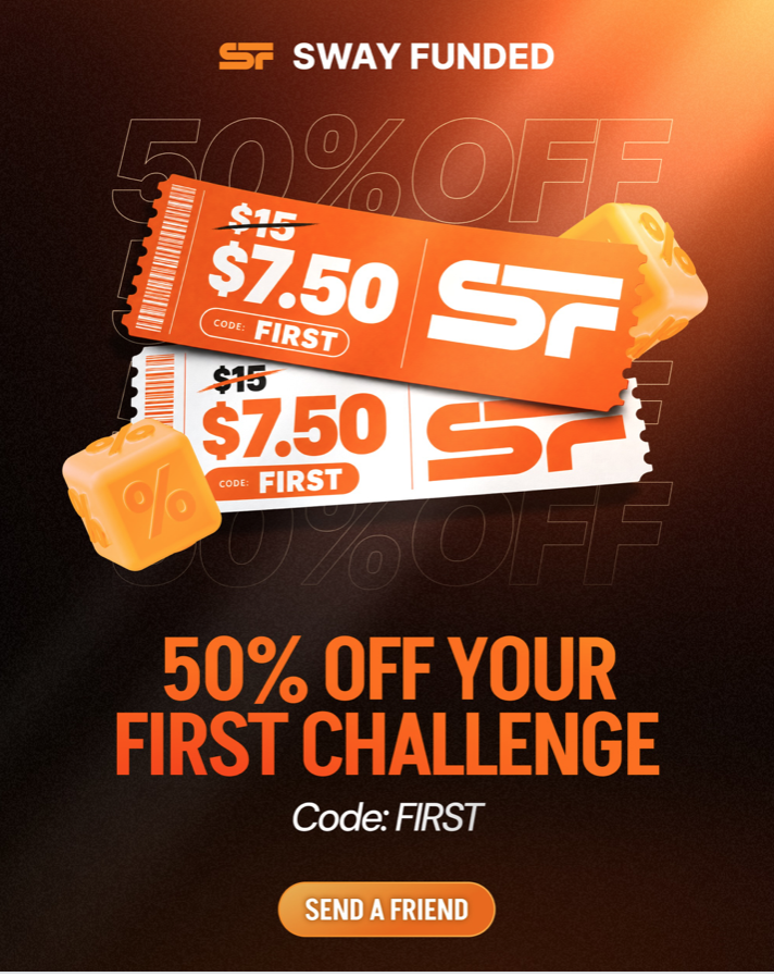 Sway Funded offers 50% off the first challenge with code FIRST, cutting entry costs for new prop trading customers.