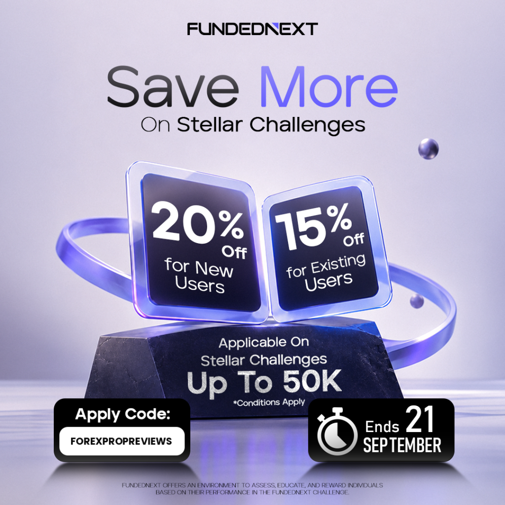 FundedNext offers 20% off first Stellar challenge purchases and 15% off on recurring purchases through September 21.