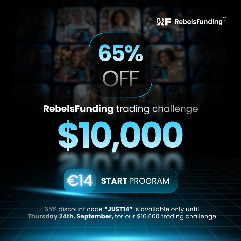 RebelsFunding cuts its $10,000 challenge to €14 with code JUST14, giving traders 65% discount until September 24.