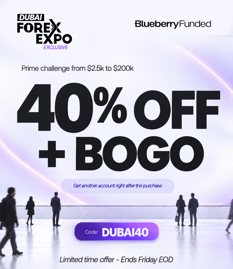 Blueberry Funded offers 40% off Prime Challenges plus a same-size BOGO account for Dubai Forex Expo attendees.
