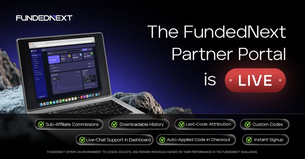FundedNext partner portal adds tracking, custom codes, commission tools, and payout options for affiliates managing referral traffic.