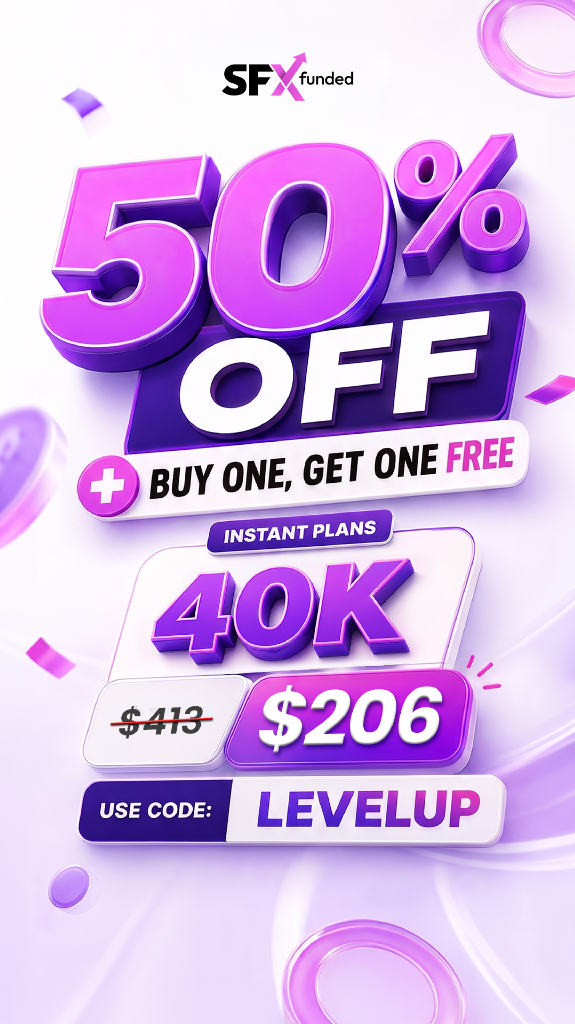 SFX Funded cuts its 40K Instant account to $206 with a 50% discount and a Buy One Get One Free offer using LEVELUP.