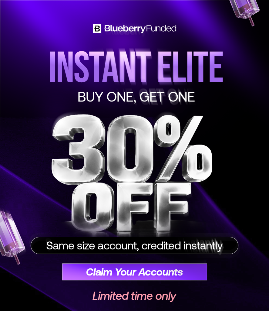Blueberry Funded Instant Elite offer 30% off plus a free same-size account with code ELITEBG through September 15.