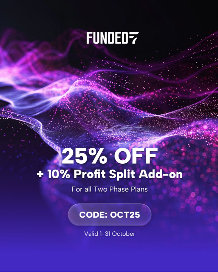 Funded7 October Deal offers 25% off Two Phase plans plus a free 10% profit split add-on with code OCT25 through October 31.