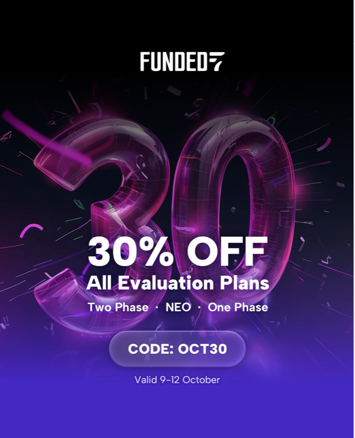 Funded7 offers 30% discount all evaluation plans with code OCT30. The promotion covers One Phase, Two Phase and Two Phase NEO.